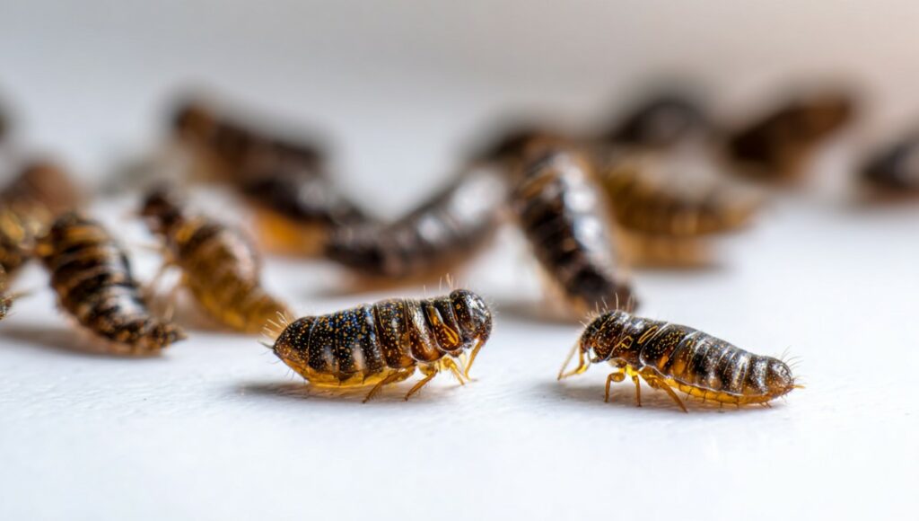 Pupes de mouches brunes sur un plan de travail de cuisine, montrant leur forme ovale caractéristique et leur couleur brun foncé