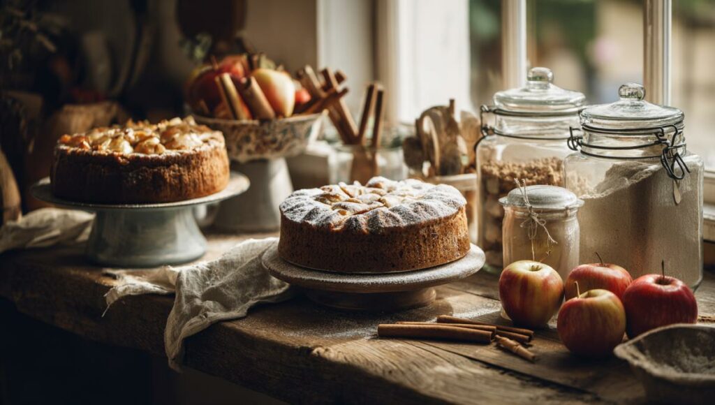 Quatre gâteaux sans sucre pour diabétiques faits maison sur table de cuisine rustique avec pommes et cannelle