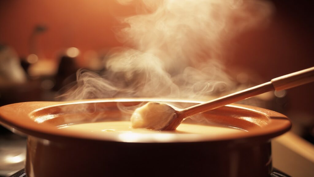 Technique de réchauffage de fondue savoyarde au bain-marie avec cuillère en bois