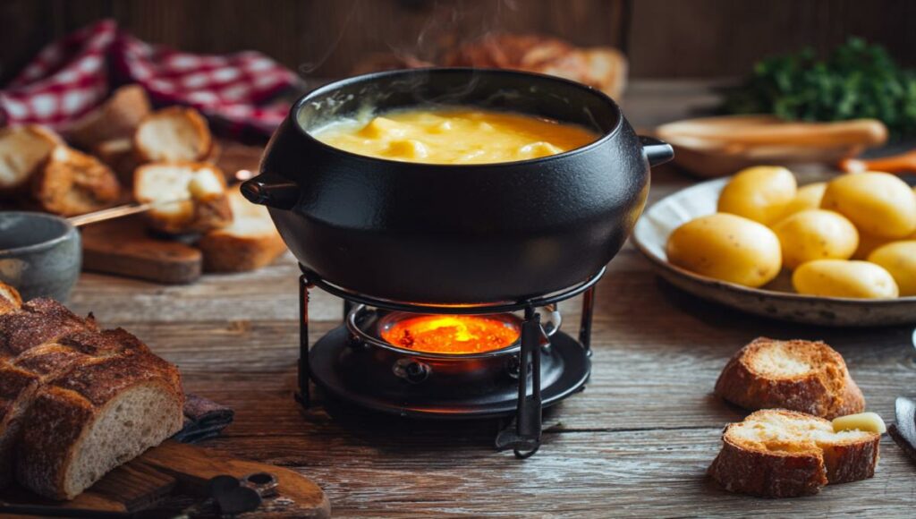 Fondue savoyarde fumante dans un caquelon traditionnel avec pain et pommes de terre pour accompagnement