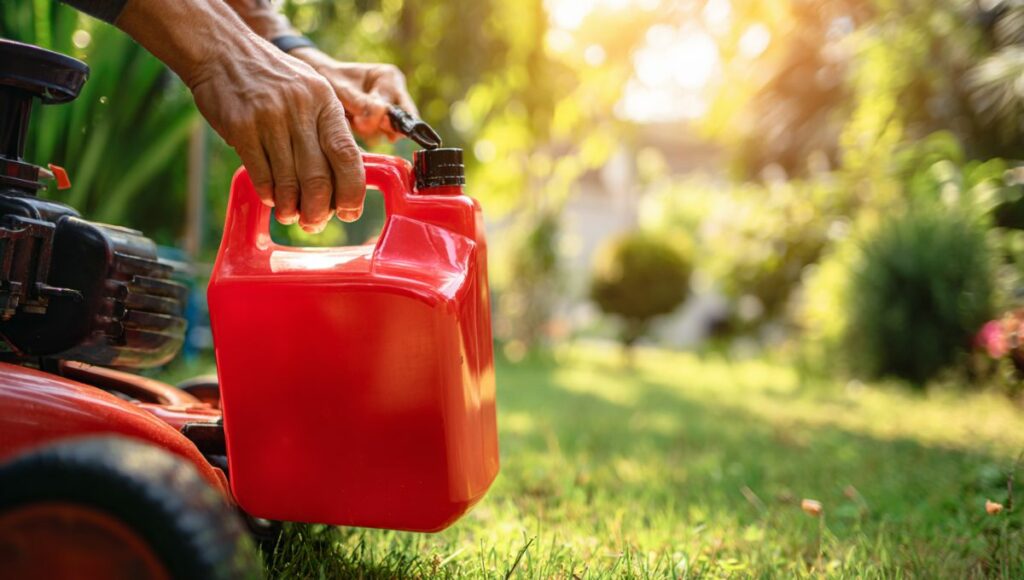 Remplissage du réservoir d'une tondeuse avec de l'essence fraîche pour résoudre les problèmes de démarrage