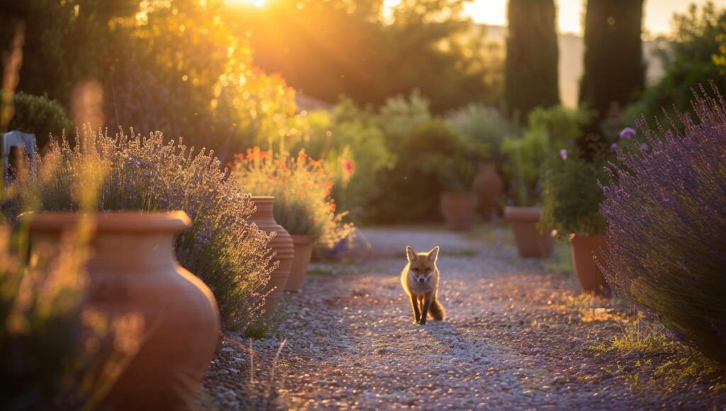 Renard dans un jardin méditerranéen au crépuscule près de massifs de lavande et pots en terracotta