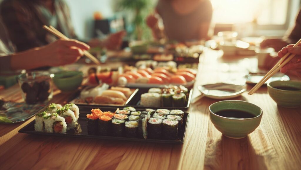 Famille partageant un repas sushi convivial à la maison - alimentation équilibrée et moment de partage