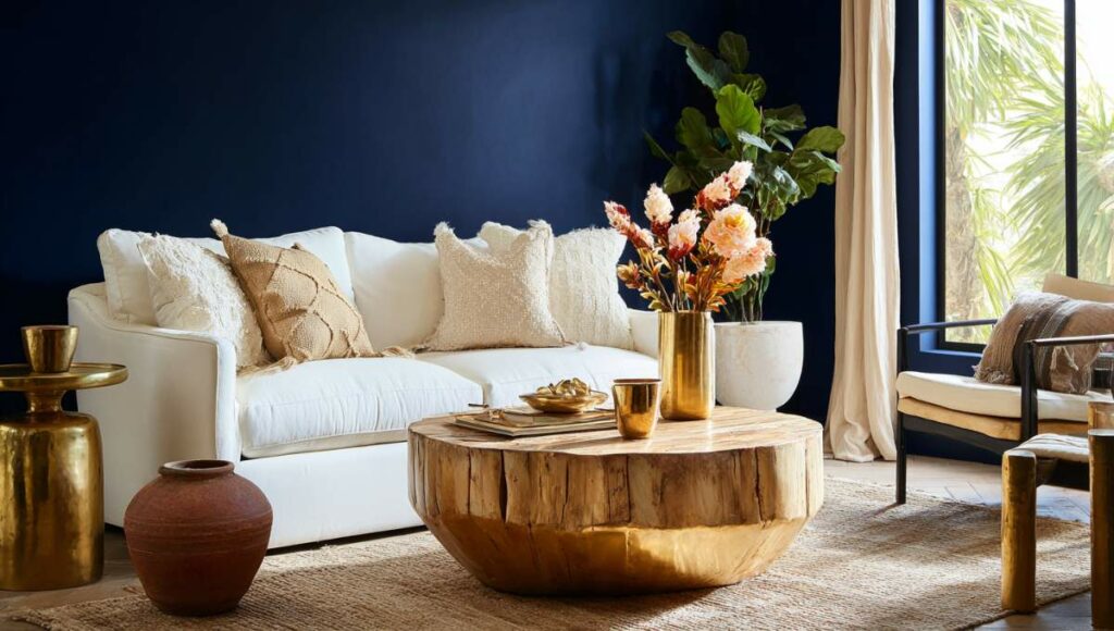 Salon moderne avec mur accent bleu navy, canapé blanc et accessoires dorés