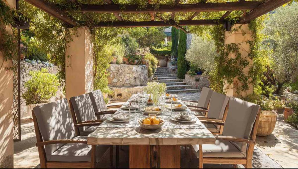 Table à manger extérieure en bois pour 8 personnes sur terrasse de 20m2 avec chaises confortables et décoration soignée