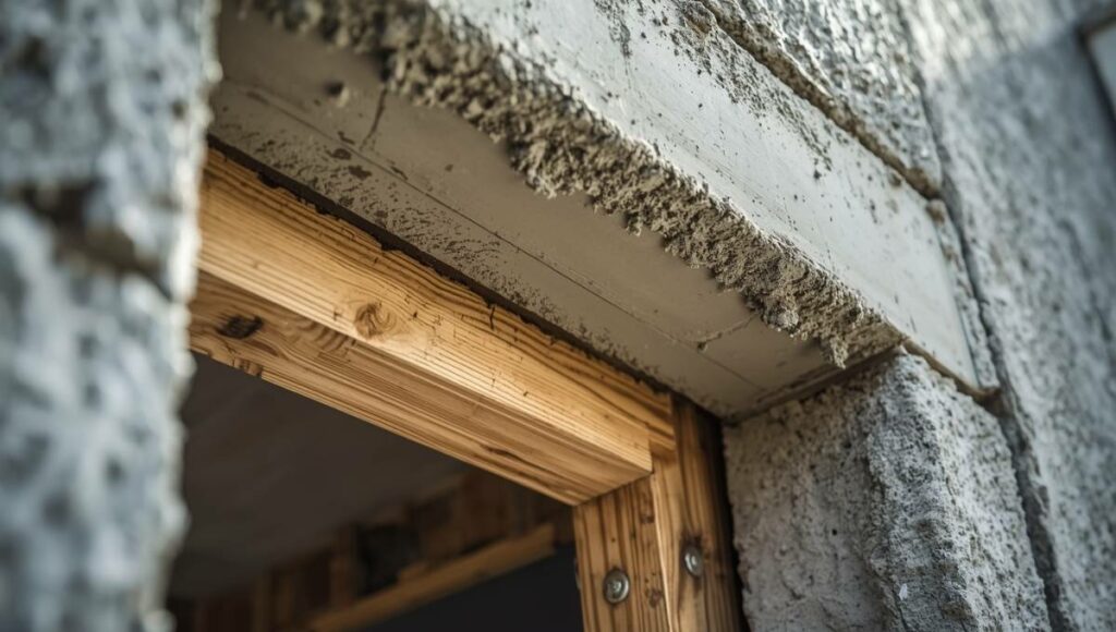 Linteau en béton en cours de séchage avec coffrage en bois au-dessus d'une ouverture de fenêtre lors de travaux de rénovation