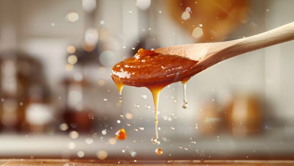 Test de consistance d'une sauce parfaitement épaissie qui nappe le dos d'une cuillère en bois