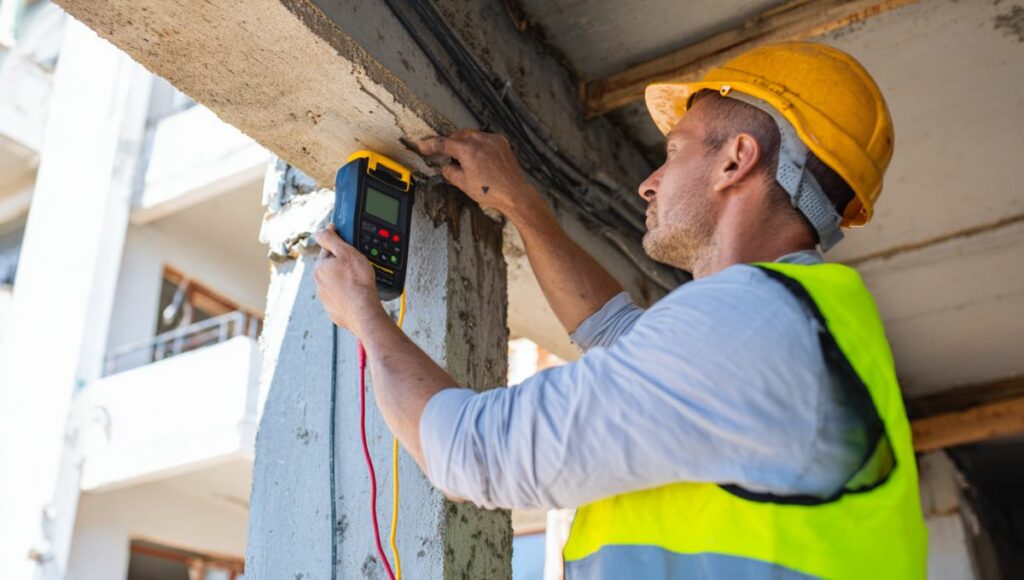 Maçon utilisant un hygromètre numérique pour mesurer le taux d'humidité d'un linteau en béton avant décoffrage