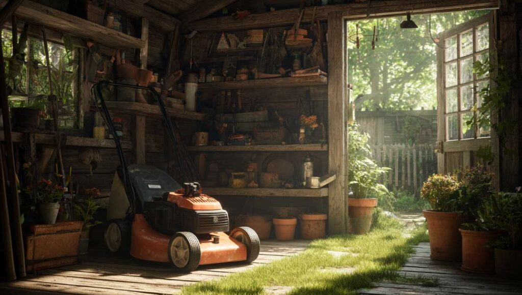 Tondeuse thermique entreposée dans un cabanon de jardin avec outils d'entretien pour l'hivernage