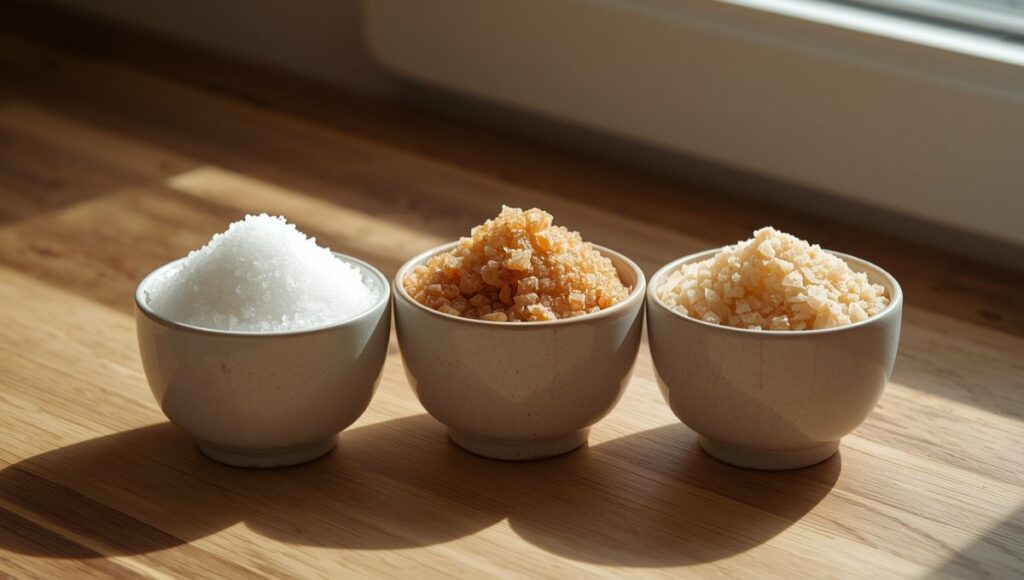 Bols de sucre blanc, sucre roux et morceaux de sucre sur un plan de travail avec balance de cuisine pour illustrer les différents types et leur poids