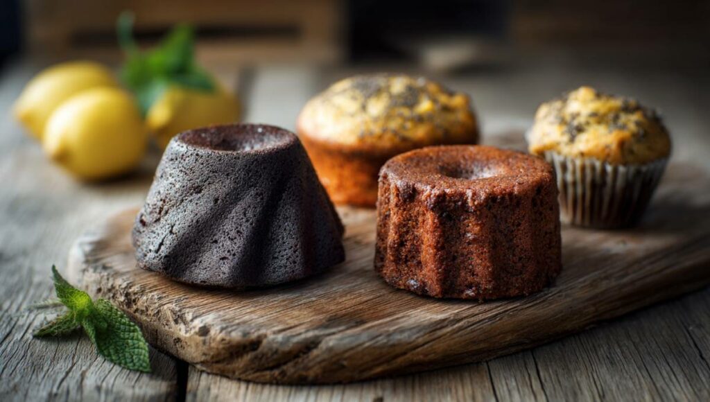 Trois gâteaux sans sucre pour diabétiques : fondant chocolat, cake citron et muffins banane sur planche en bois