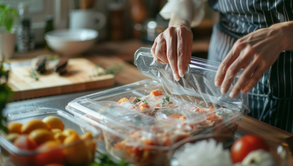 Mains inspectant un sachet d'aliments congelés avec cristaux de glace sur un plan de travail