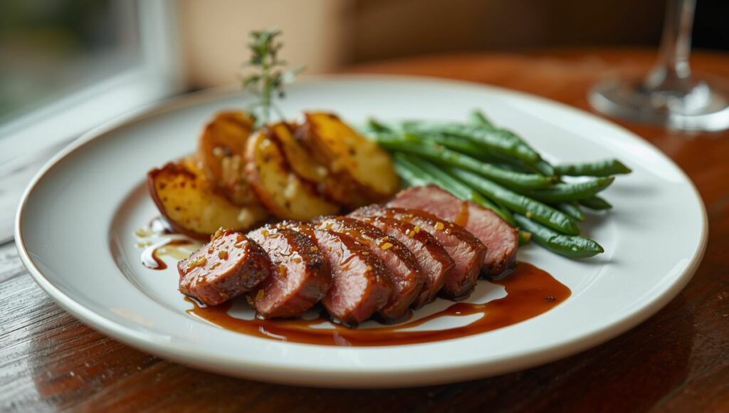 Assiette de magret de canard rosé tranché en éventail, accompagné de pommes de terre sarladaises dorées, pommes caramélisées et haricots verts, sur table en bois