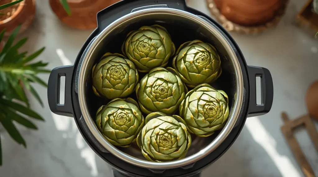 Artichauts frais disposés dans une cocotte minute avant cuisson