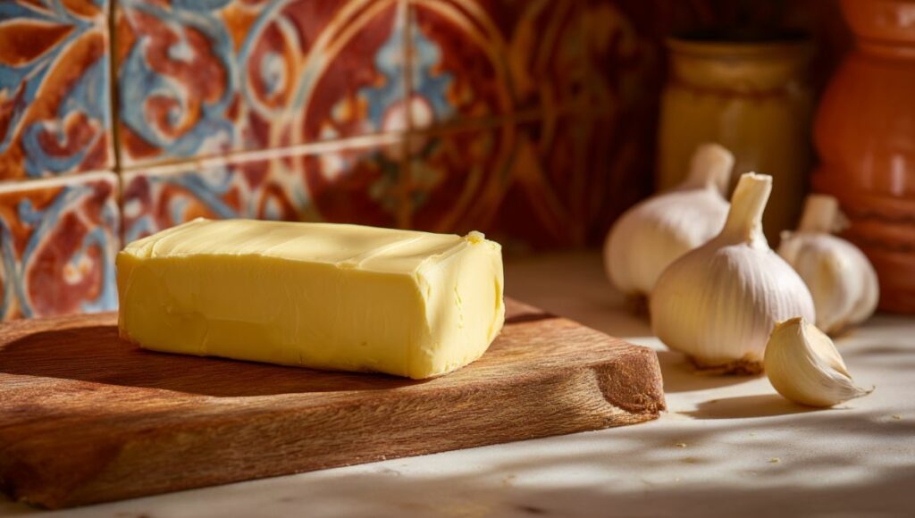 Plaquette de beurre frais sur une planche en bois dans une cuisine méditerranéenne