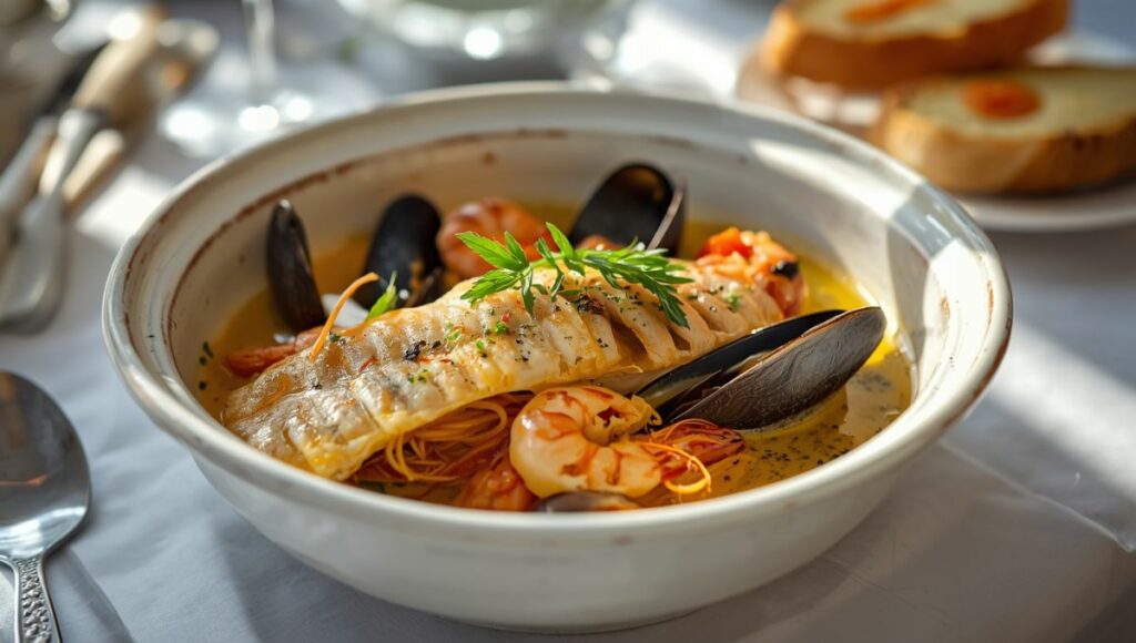Bouillabaisse marseillaise authentique servie dans un bol blanc avec poissons de roche, bouillon safran doré et rouille sur croûtons