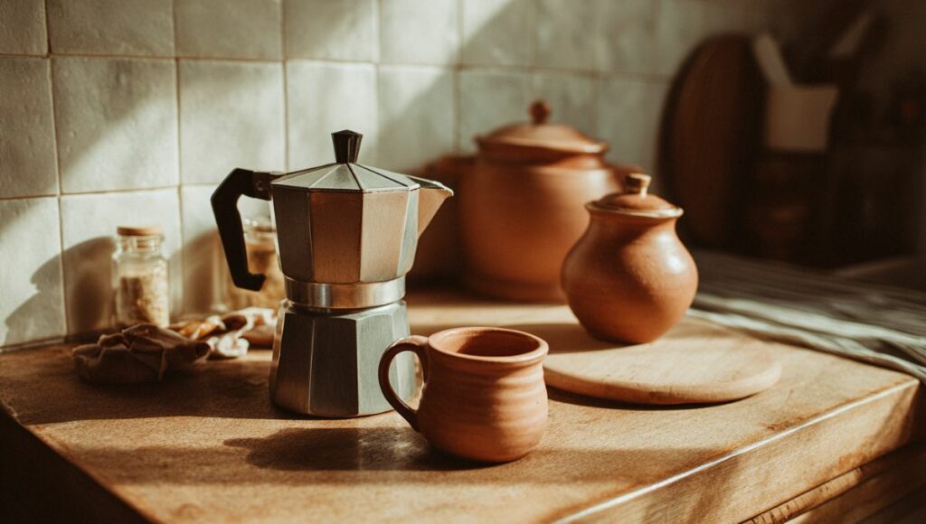 Cafetière italienne démontée sur un plan de travail en bois pour un nettoyage complet