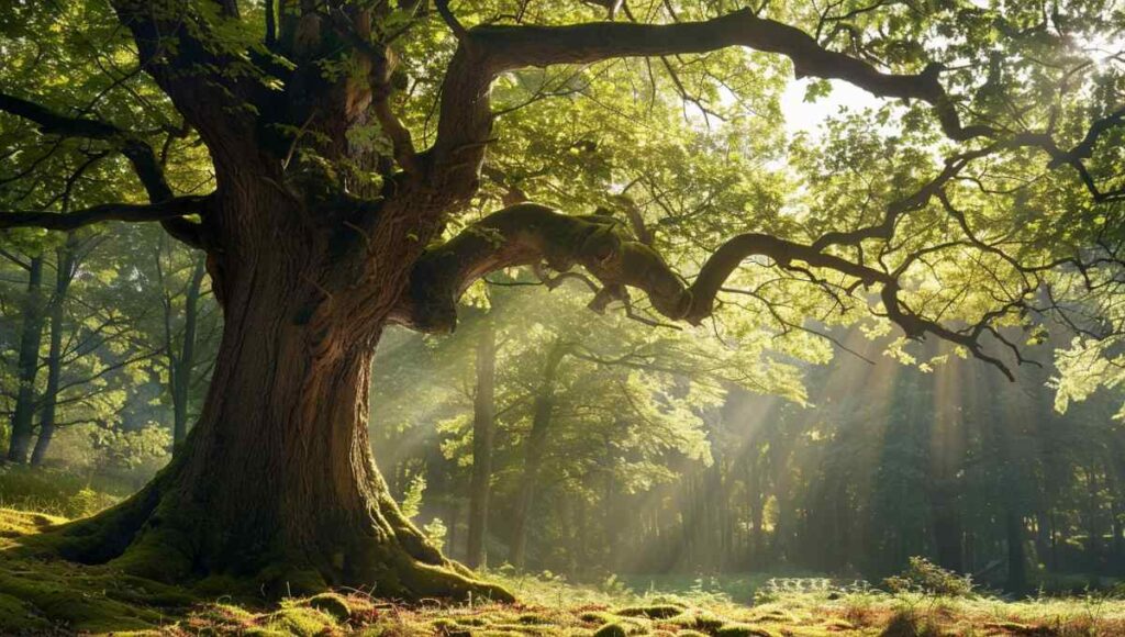 Magnifique chêne mature dans une forêt française, tronc droit et large, lumière tamisée, valeur forestière