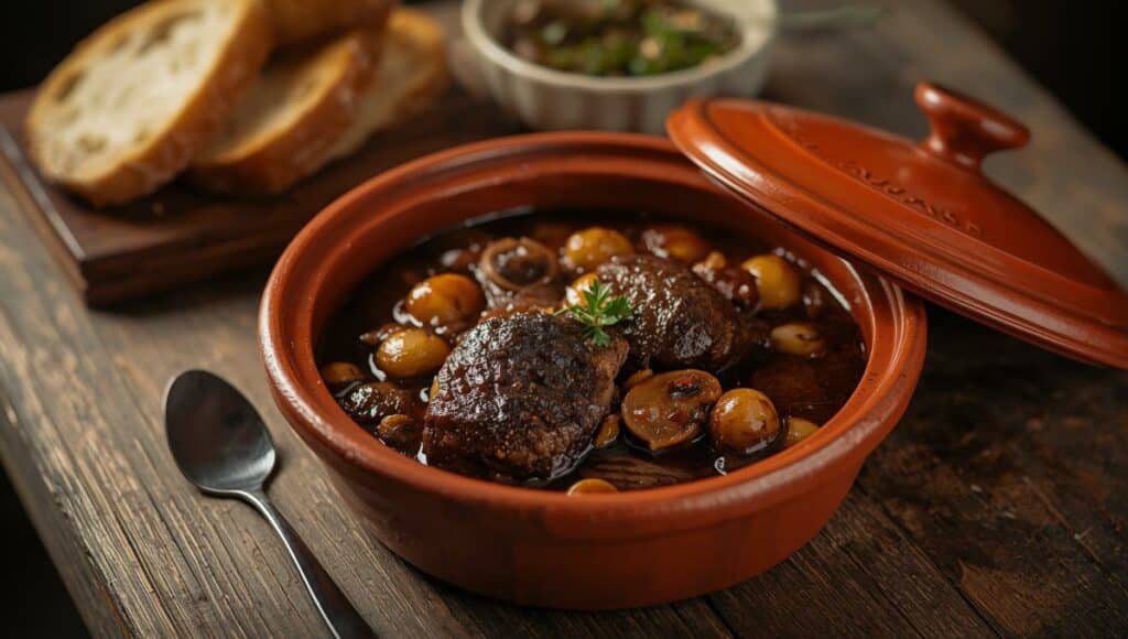 Civet de sanglier mijoté dans une cocotte en terre cuite avec sauce au vin rouge