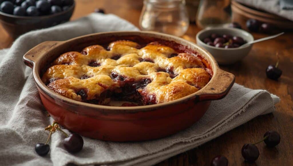 Clafoutis limousin traditionnel aux cerises noires dans un plat en céramique, texture fondante et croûte dorée