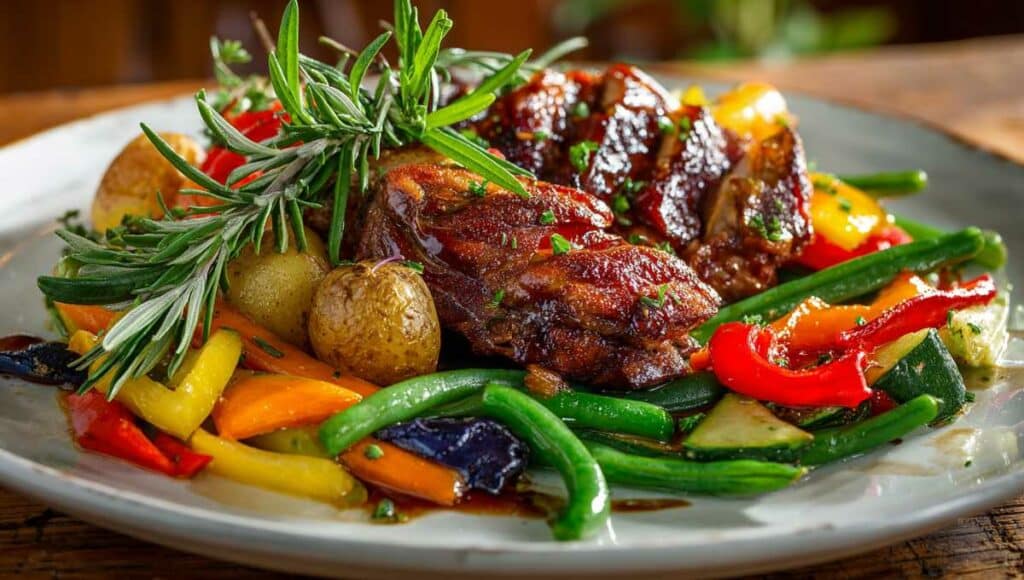 Cuisse de confit de canard servie avec légumes assortis : pommes de terre rôties, carottes, haricots verts, poivrons et courgettes, décor méditerranéen avec herbes fraîches, plat gourmet équilibré et coloré