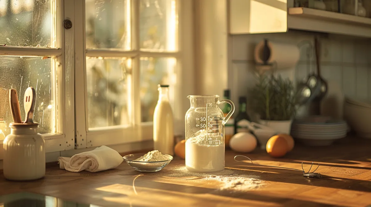 Verre doseur gradué montrant la conversion de 25 cl en 250 millilitres sur un plan de travail de cuisine