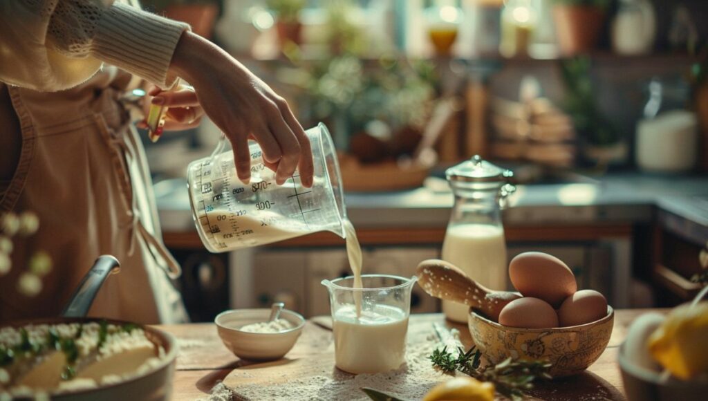 Verre doseur transparent gradué en centilitres et millilitres avec différents liquides colorés sur un plan de travail en bois clair