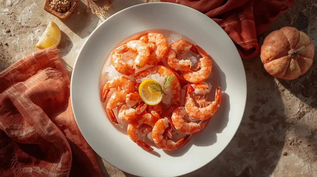 Assiette de crevettes roses fraîches pour calculer la portion par personne