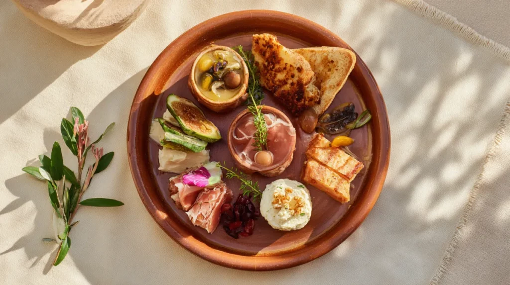 Assiette d'entrée gastronomique facile et élégante servie sur vaisselle terracotta