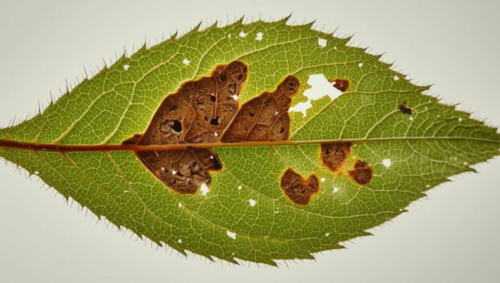 Gros plan sur feuille de marronnier infectée par la mineuse avec galeries et zones brunies