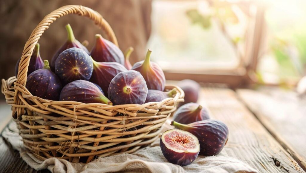 Panier de figues violettes fraîches sur table en bois avec lumière naturelle - Saison des figues en France