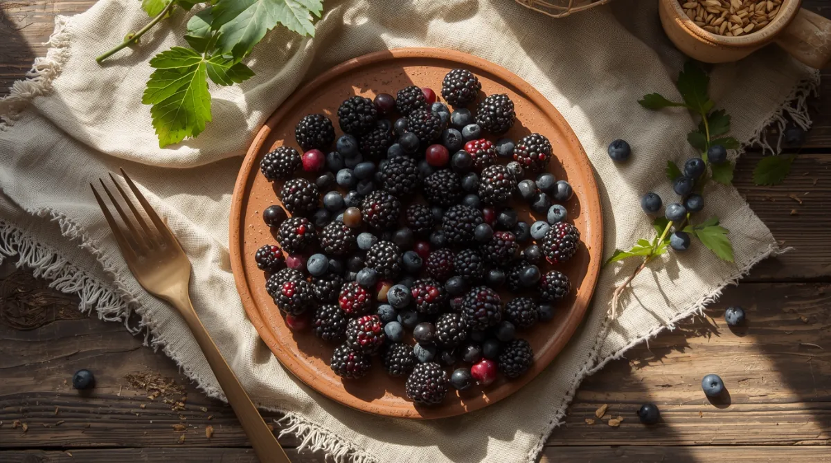 Assortiment de fruits noirs frais disposés sur une assiette en terre cuite dans une cuisine provençale