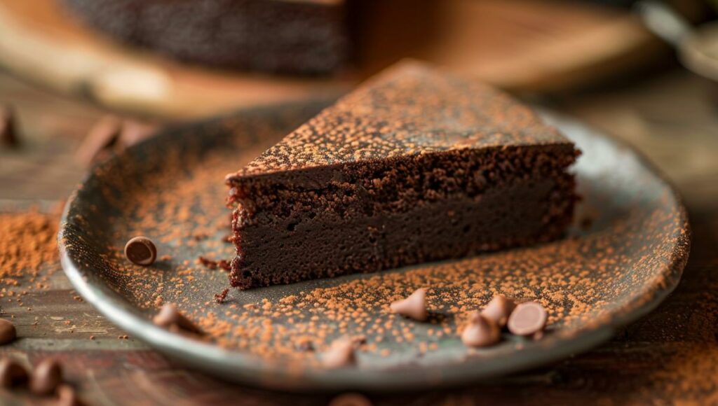 Part de gâteau au chocolat sans sucre pour diabétique sur assiette en céramique, texture moelleuse visible, saupoudré de cacao