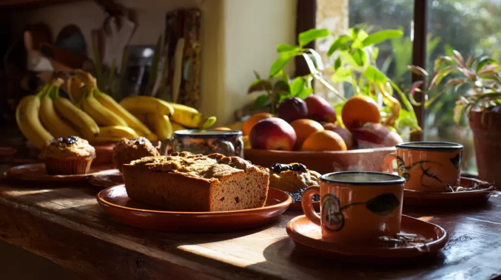 Table de petit-déjeuner avec plusieurs gâteaux maison, café et fruits frais dans une cuisine lumineuse