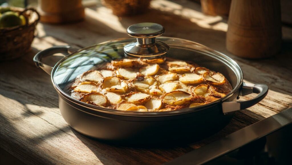 Gâteau aux pommes en train de cuire dans une poêle couverte sur une cuisinière