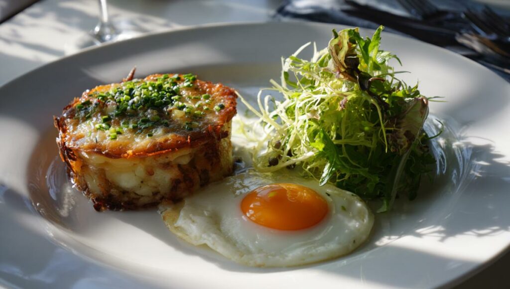 Assiette créative avec gratin dauphinois, œuf poché et salade frisée