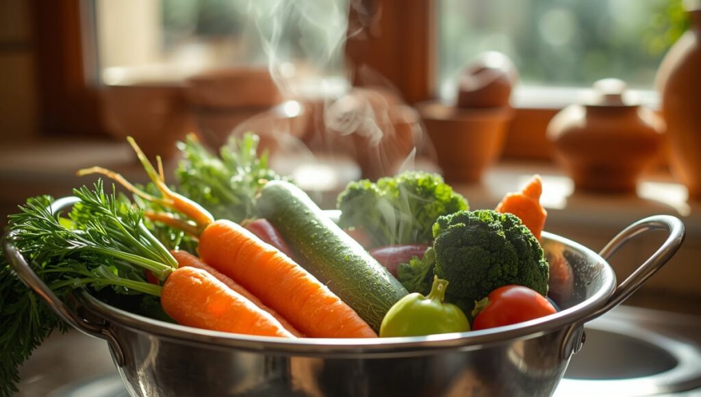 Légumes frais colorés dans une passoire avec de la vapeur, prêts pour la cuisson dans une cuisine méditerranéenne lumineuse