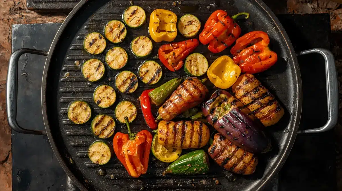 Légumes colorés grillés sur plancha avec traces de caramélisation : courgettes, poivrons et aubergines