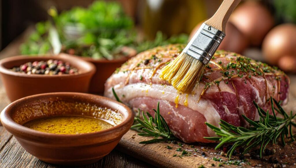 Rôti de porc badigeonné de marinade à la moutarde et aux herbes avant cuisson