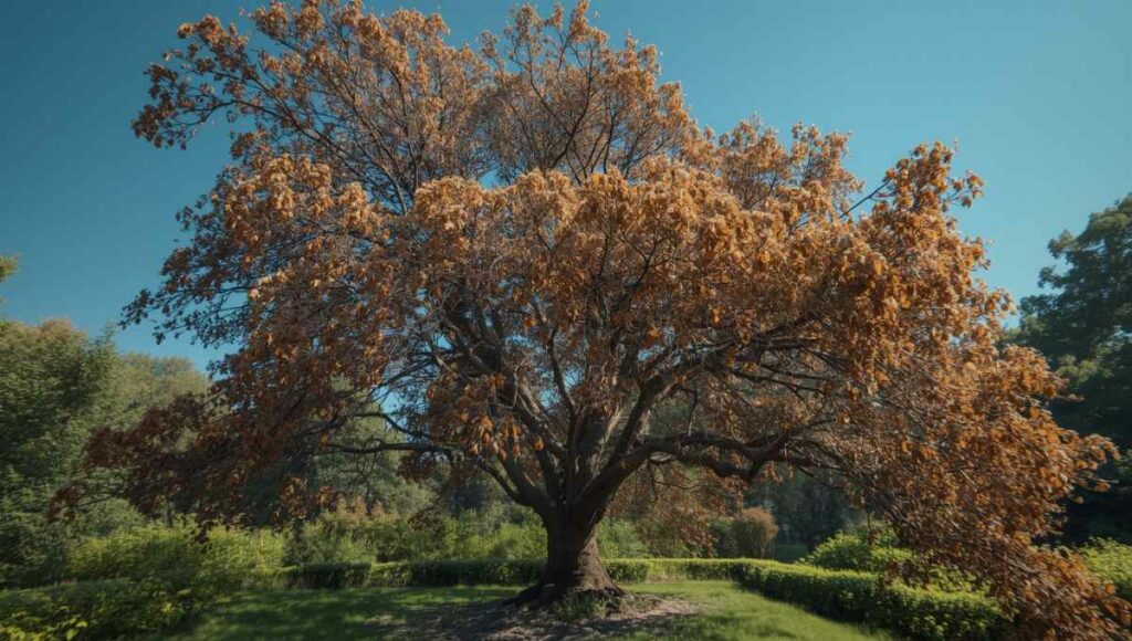 Marronnier avec feuilles marrons et desséchées en plein été à cause de la mineuse