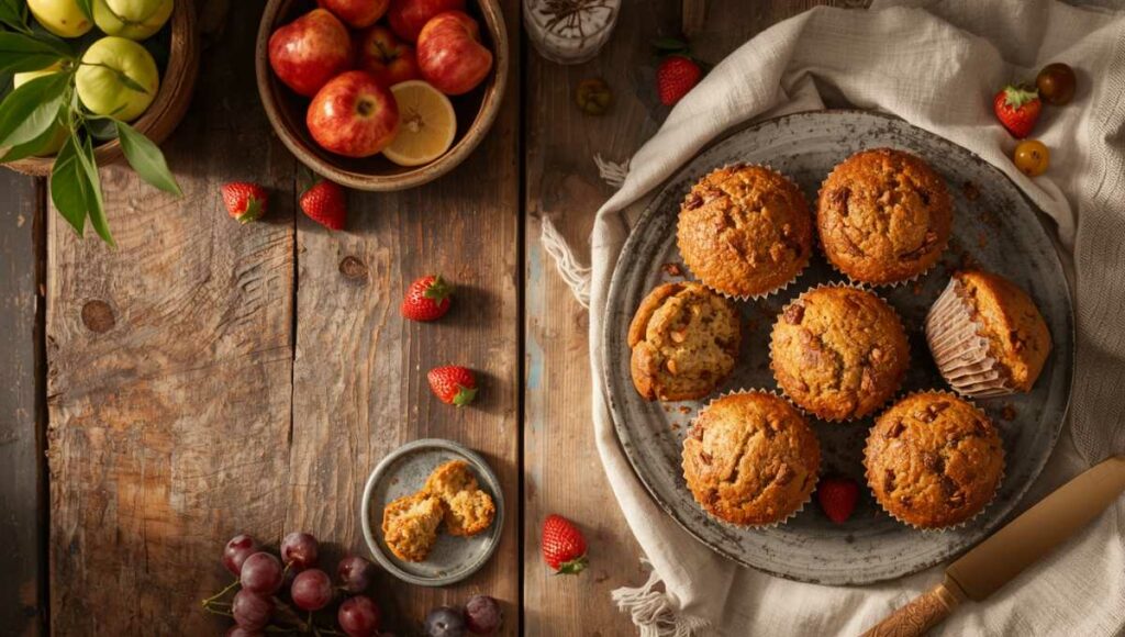 Muffins sans sucre moelleux disposés sur une table en bois rustique