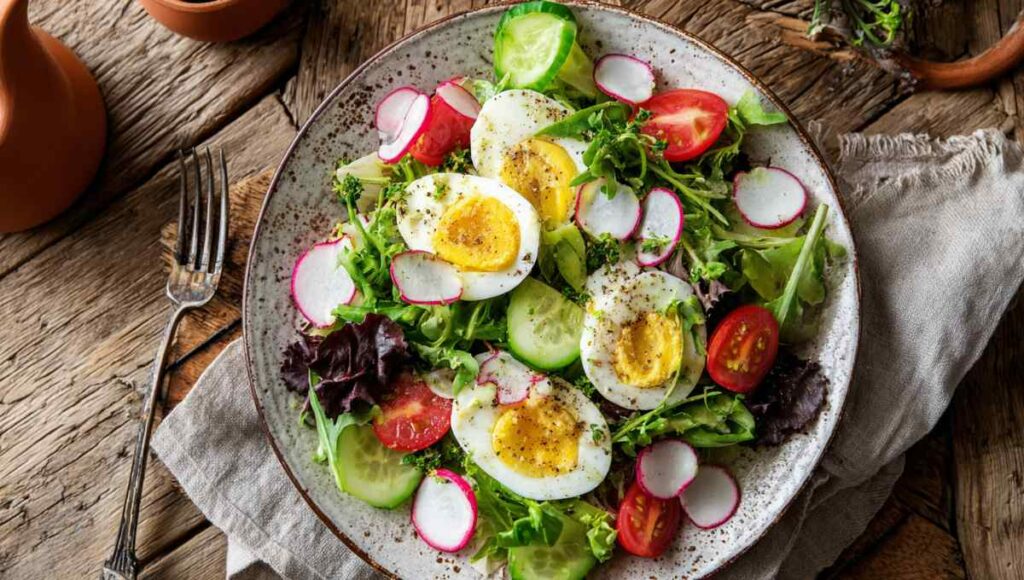 Œufs mimosa disposés sur un lit de salade verte fraîche avec tomates cerises et crudités colorées