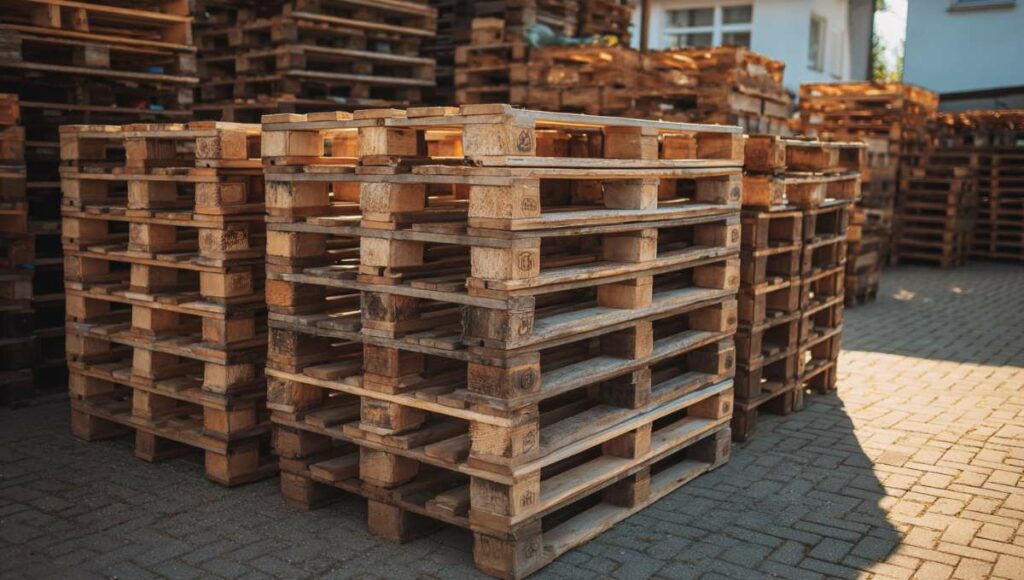 Lot de palettes en bois empilées dans l'arrière-cour d'un magasin de bricolage