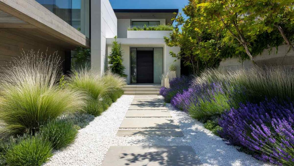 Parterre moderne devant maison avec graminées ornementales et graviers blancs
