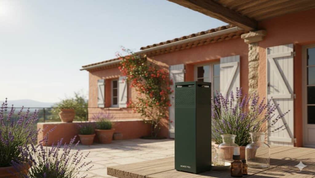 Piège à moustiques Nomoz Pro installé sur une terrasse méditerranéenne ensoleillée