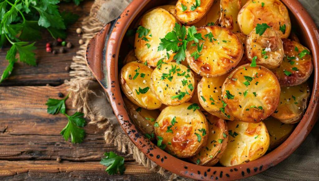 Pommes de terre sarladaises dorées au four dans un plat en céramique rustique