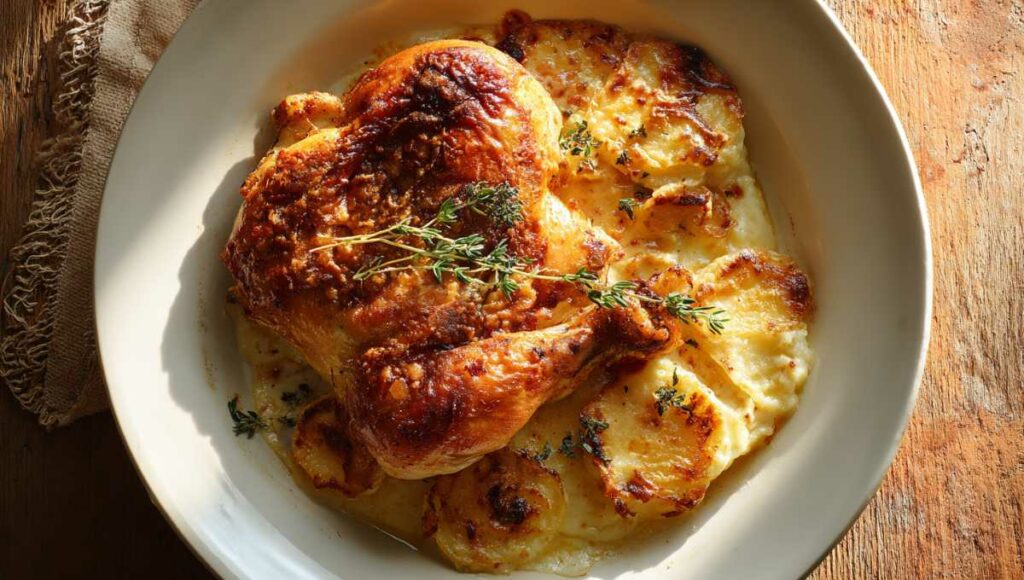 Poulet rôti doré servi avec gratin dauphinois crémeux sur assiette blanche