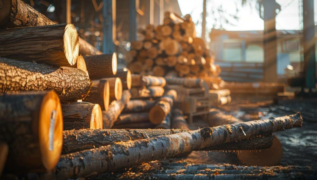 Grumes de chêne empilées dans une scierie avec étiquettes de prix, lumière naturelle, ambiance professionnelle