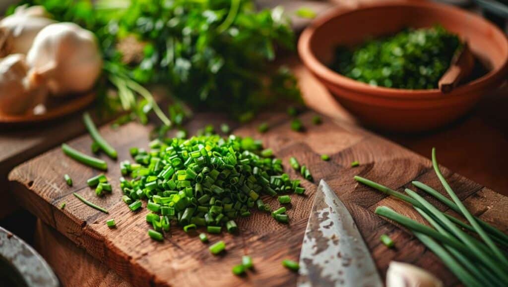 Planche à découper avec ciboulette fraîche, oignon vert et persil plat comme alternatives culinaires