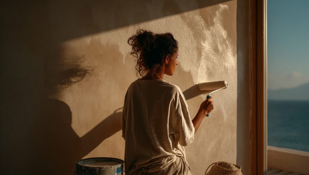 Femme posant du papier peint intissé sur un mur de salon lumineux pour une rénovation facile